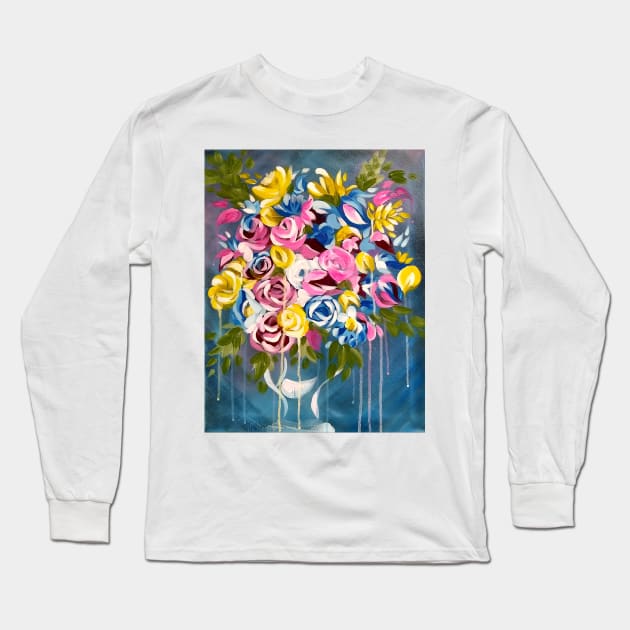 Bright Flowers on Blue,  floral pillows, tote bag, pouch, handbag, pink, blue, yellow, bright modern flowers, abstract floral decor Long Sleeve T-Shirt by roxanegabriel